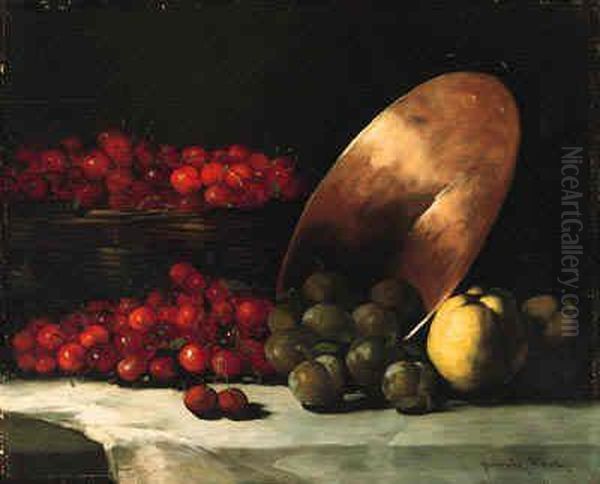 A Still Life With Cherries, Plums And Copper Bowl Oil Painting by Germain Theodure Clement Ribot