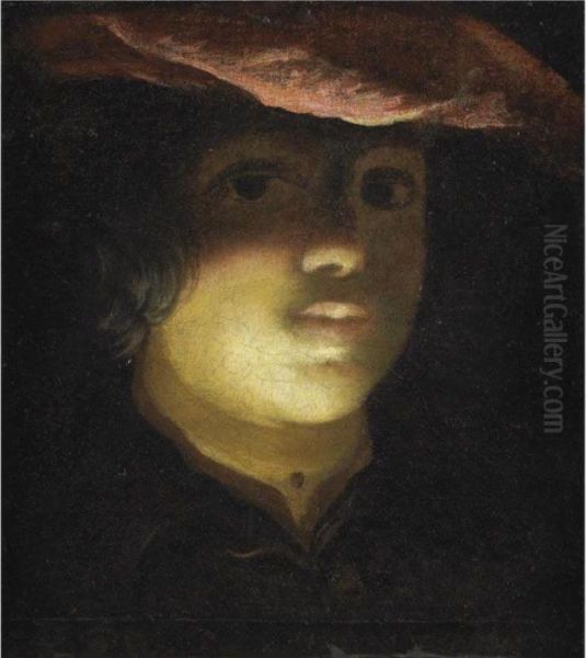 Portrait Of A Young Boy, Head And Shoulders, Wearing A Red Cap Oil Painting by Pietro della Vecchia