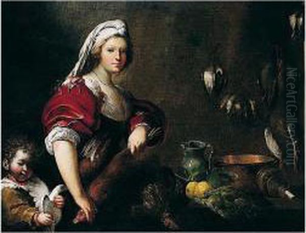 A Maidservant With A Boy In A 
Larder, A Still Life Of Artichokes, Lemons And Other Kitchen Equipment 
On A Table Beside Them Oil Painting by Pietro della Vecchia