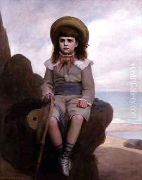 Boy on a rock with a shrimping net Oil Painting by Emile Dupont-Zipcy