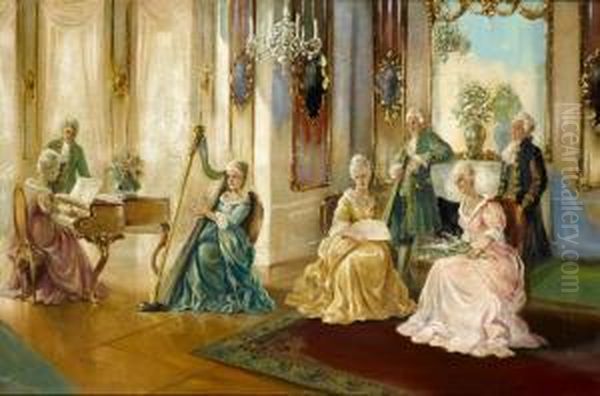 A Musical Party With Signature E Piola Oil Painting by Arturo Ricci