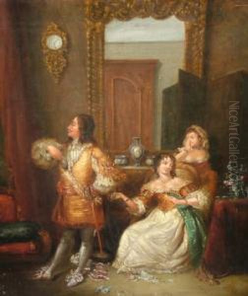 Cavalier With A Lady And Attendant In An Interior Oil Painting by Pio Ricci