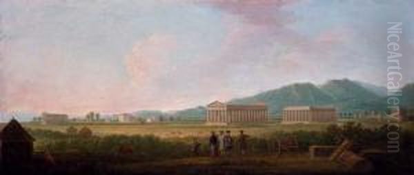 View Of The Temples At Paestum With Grand Tourists In The Foreground Oil Painting by Gabriele Ricciardelli