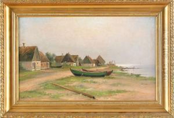 Strandbild Med Batar, Signerad L. Richarde Oil Painting by Otto Ludvig Richarde