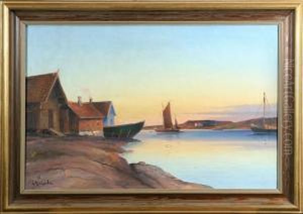 Brygga Med Sjobod Och Segelbat Oil Painting by Otto Ludvig Richarde