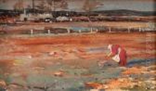 A Woman Cockling In A Tidal River Oil Painting by Frank Richards