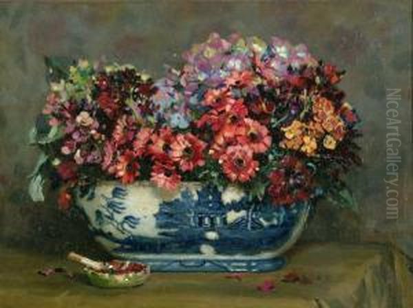 Still Life With Flowers In A Willow-pattern Tureen Oil Painting by Frank Richards