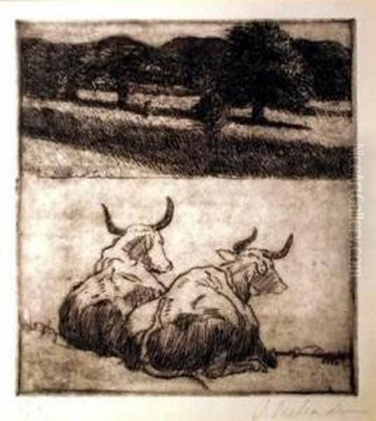 Untitled - Two Bulls Oil Painting by Agnes Richardson