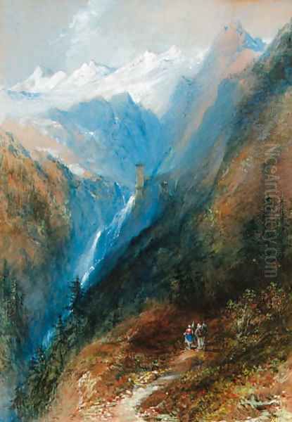 Figures on a track with a waterfall beyond Oil Painting by Thomas Colman Dibdin