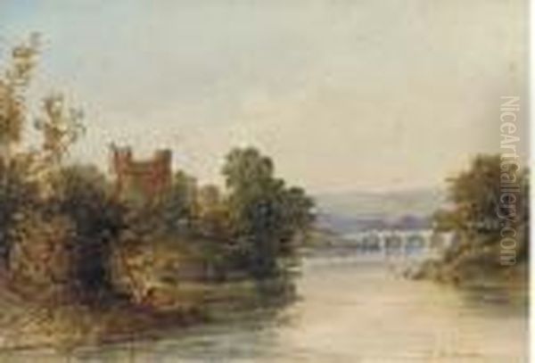 Castle Ruins On The Banks Of A River, A Bridge Beyond Oil Painting by Edward M. Richardson