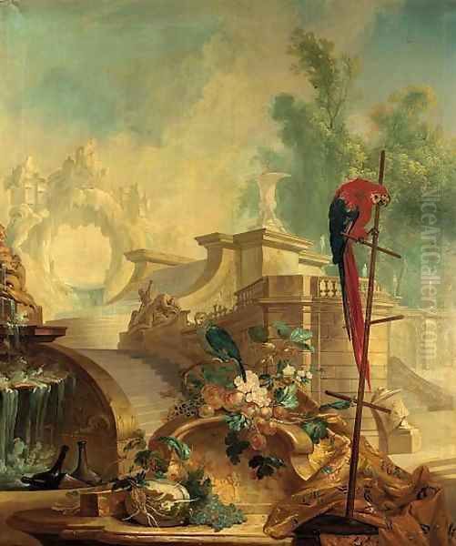 A capriccio of an Italianate garden with parrots, fruit, flowers, bottles of wine and drapery in the foreground Oil Painting by Alexandre-Francois Desportes