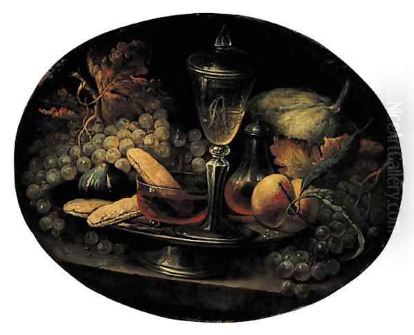 Grapes, a fig, breadrolls, wineglasses and a peach on a pewter plate Oil Painting by Alexandre-Francois Desportes