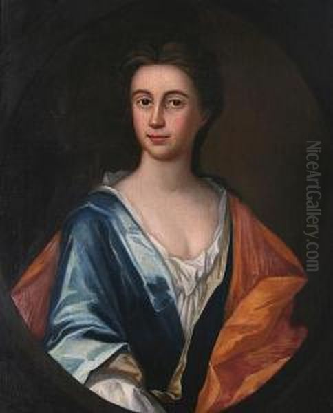 Portrait Of A Lady, Half Length,
 Wearing Ablue Dress And Orange Shawl, Within Painted Oval Oil Painting by Richardson. Jonathan