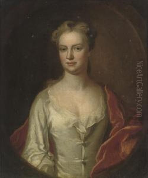 Portrait Of A Lady, Half-length,
 In An Oyster Satin Dress With Ared Velvet Wrap, Feigned Oval Oil Painting by Richardson. Jonathan