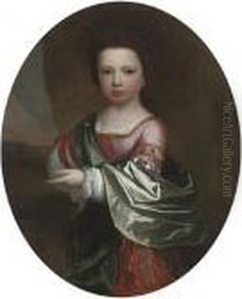 Portrait Of A Young Child, 
Three-quarter-length, In Classical Dress, A Groom With A Horse And A 
Castle In A Landscape Beyond Oil Painting by Richardson. Jonathan