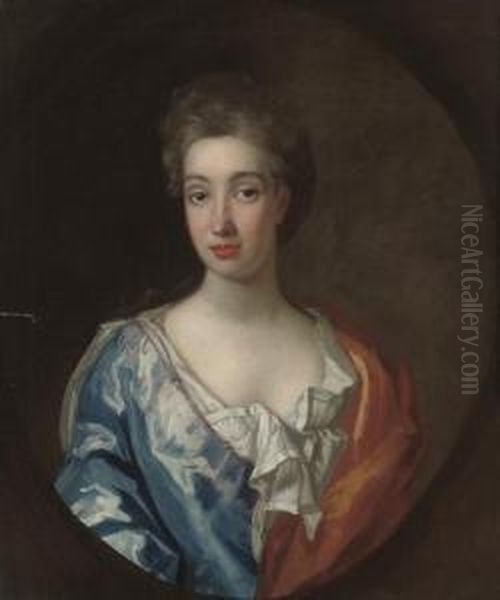 Portrait Of A Lady, Half-length,
 In A Blue Dress And White Chemise, With An Orange Wrap, In A Feigned 
Oval Oil Painting by Richardson. Jonathan