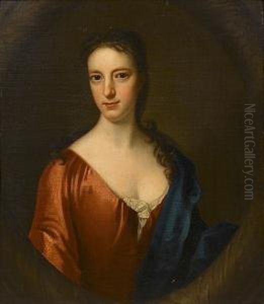 Portrait Of A Lady, Bust-length,
 In A Red Dress And A Blue Shawl Within A Painted Stone Oval Oil Painting by Richardson. Jonathan