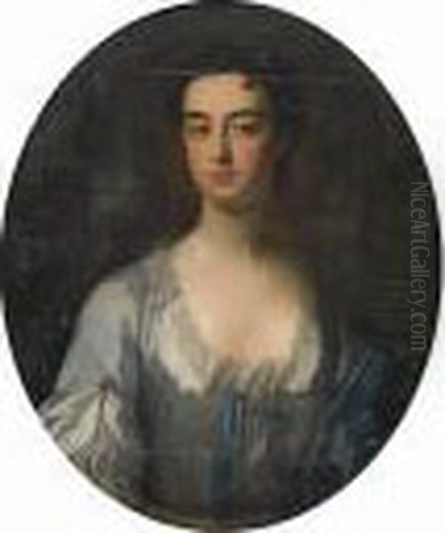 Portrait Of A Lady, Said To Be 
Mrs Holman, Bust-length, In A White Silk Dress And Blue Cloak Oil Painting by Richardson. Jonathan