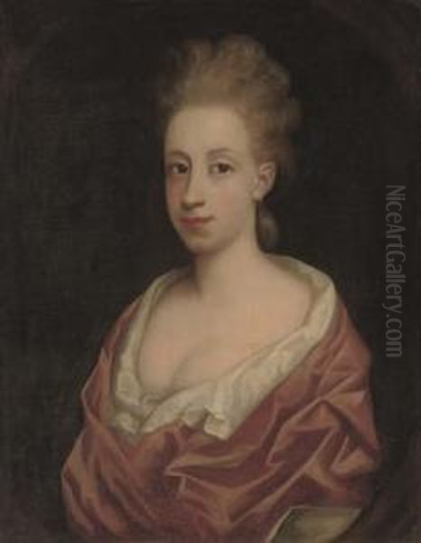 Portrait Of A Lady, Bust-length, In A White Dress And Pink Wrap, In A Feigned Oval Oil Painting by Richardson. Jonathan