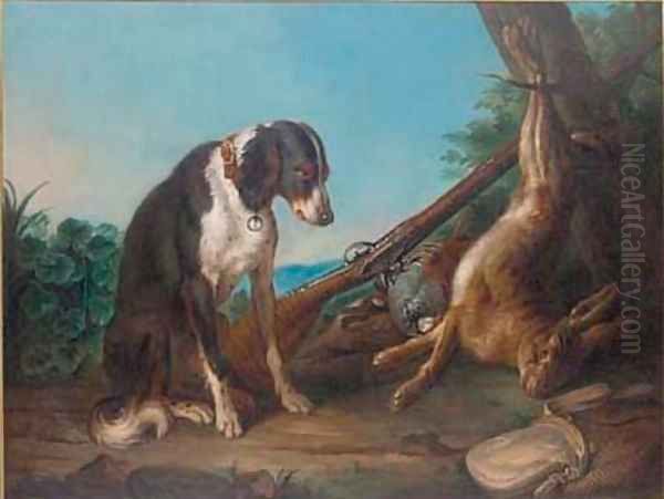 A dead hare and game birds in a clearing with a rifle and a dog Oil Painting by Alexandre-Francois Desportes