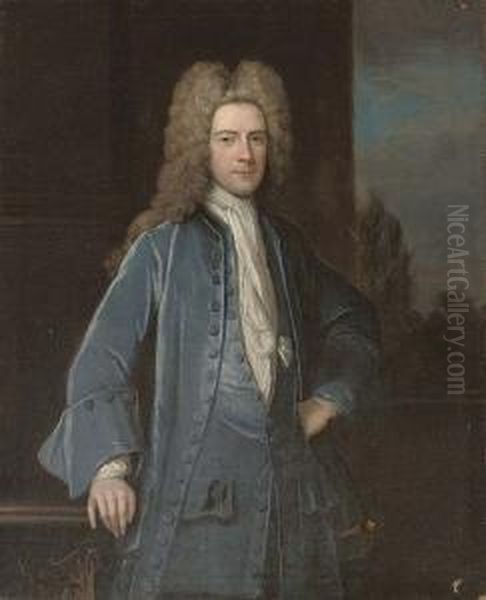 Portrait Of A Gentleman, 
Traditionally Identified As Samuel Chetham (1676-1745), Of Turton And 
Castleton, Lancashire, Three-quarter-length, In A Blue Velvet Coat And 
Waistcoat, His Right Hand Resting On A Plinth, A Landscape Through A 
Casement Bey Oil Painting by Richardson. Jonathan