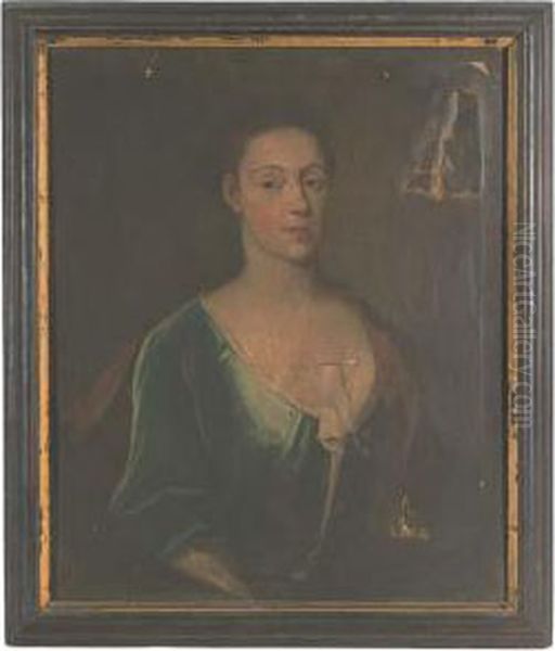 Portrait Of A Lady, Presumably A
 Member Of The Mostyn Or The Lloyd Family, Bust-length, In A Blue Dress 
With Pink Wrap, Feigned Oval Oil Painting by Richardson. Jonathan