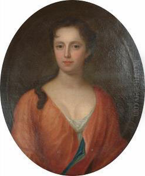 A Portrait Of A Lady, Said To Be
 Elizabeth Ireland, Half-length, In An Orange Dress With A White 
Chemise. Oil Painting by Richardson. Jonathan