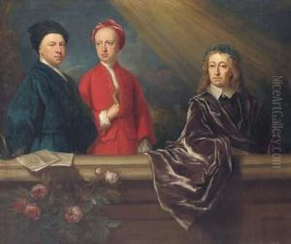 Group Portrait Of The Artist And
 His Son, Jonathan, With John Milton, Three-quarter-length, On A Balcony Oil Painting by Richardson. Jonathan