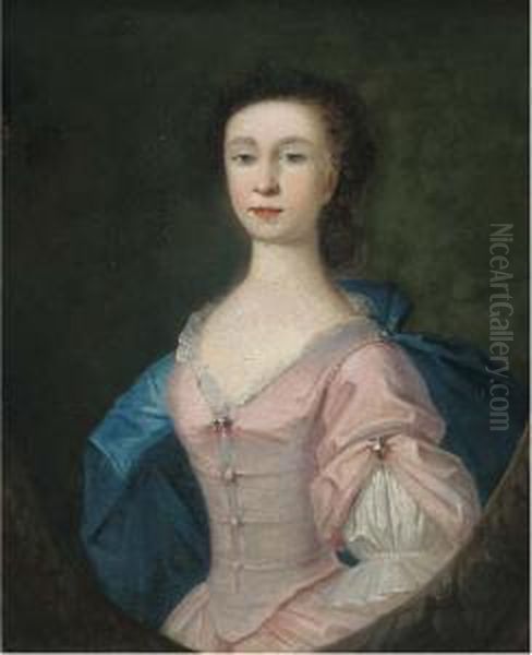 Portrait Of Alice Bill, Half-length, In A Pink Dress And Blue Wrap,in A Feigned Oval Oil Painting by Richardson. Jonathan