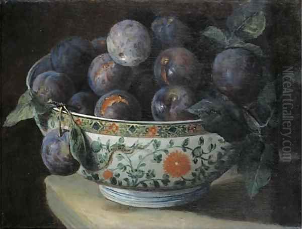 Plums in a Chinese porcelain bowl on a table ledge Oil Painting by Alexandre-Francois Desportes