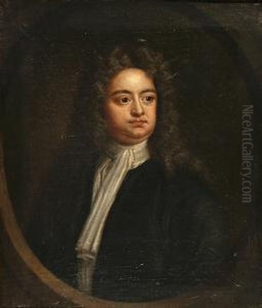 A Portrait Of Sir Richard Steele, Bust Length Within A Painted Oval Oil Painting by Richardson. Jonathan