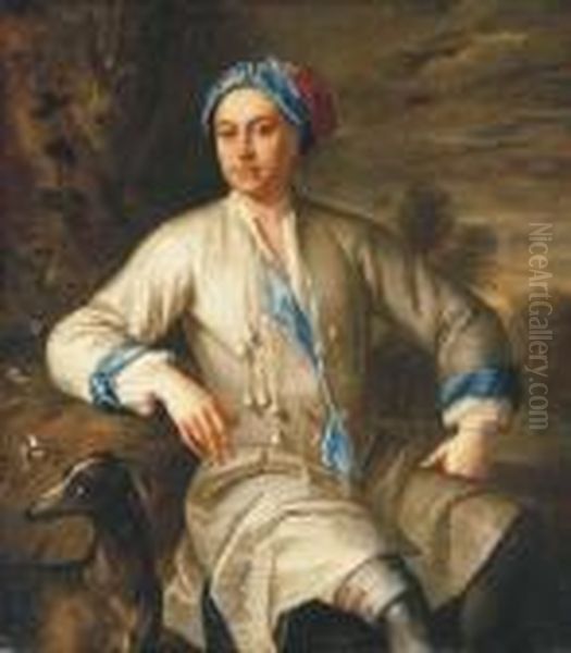 Portrait Of A Gentleman, 
Traditionally Identified As The Poet Johngay, Seated, With A Dog, In A 
Landscape Oil Painting by Richardson. Jonathan