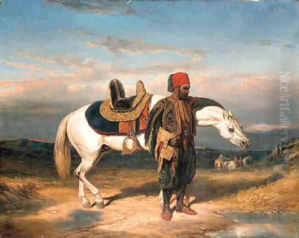 An Arabian horseman watering Oil Painting by Alfred De Dreux