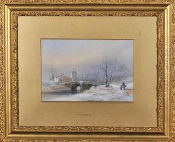 Winter Scene - A Woman And Child On A Path Approaching A Bridge And A Village Beyond Oil Painting by Thomas Miles Richardson