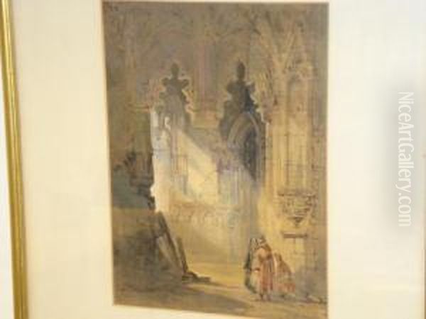 Figures In A Cathedral Interior Oil Painting by Thomas Miles Richardson