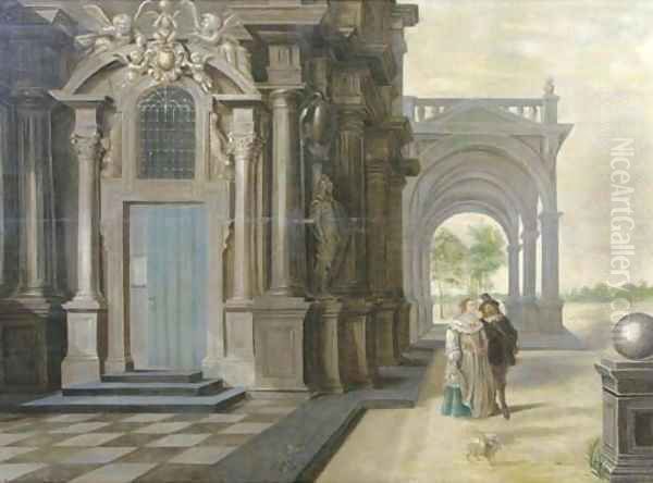 A fantastical palace with an elegant couple walking in front of a portico Oil Painting by Dirck Van Delen