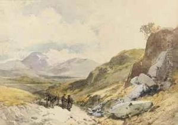 A Highland Landscape With Figures Conversing By A Horse-drawn Cart Oil Painting by Thomas Miles Richardson