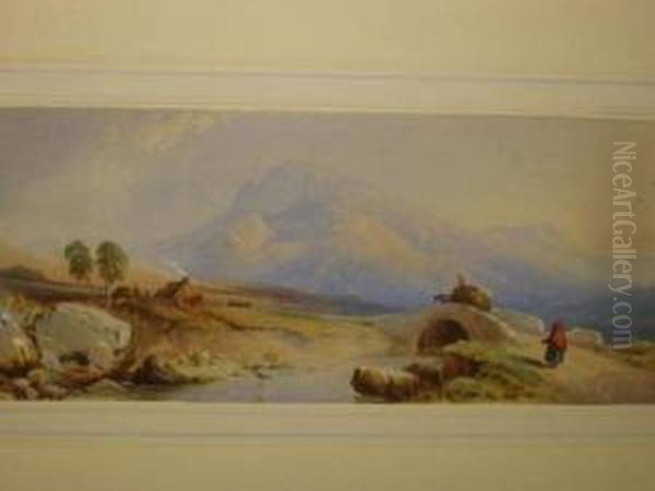 Mountain Landscape With Figures Crossing A Bridge Oil Painting by Thomas Miles Richardson