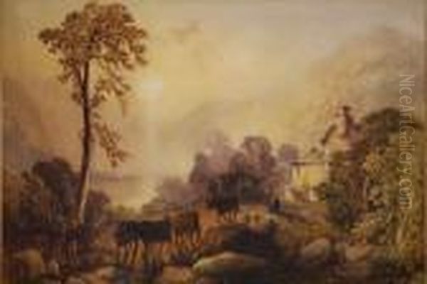 Landscape With Cattle Crossing A Bridge Andfigures Before A Cottage Oil Painting by Thomas Miles Richardson