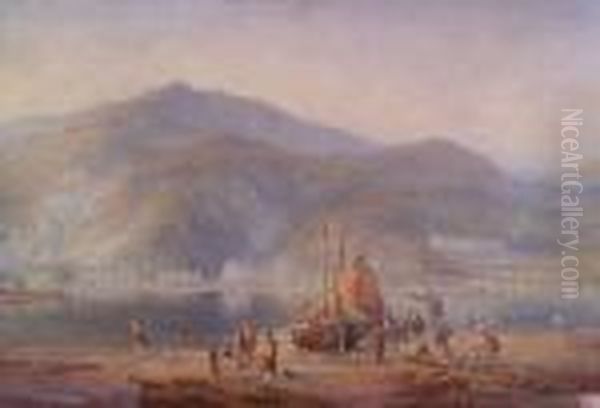 Fishing Boats And Figures On The Shores Of A Loch Oil Painting by Thomas Miles Richardson