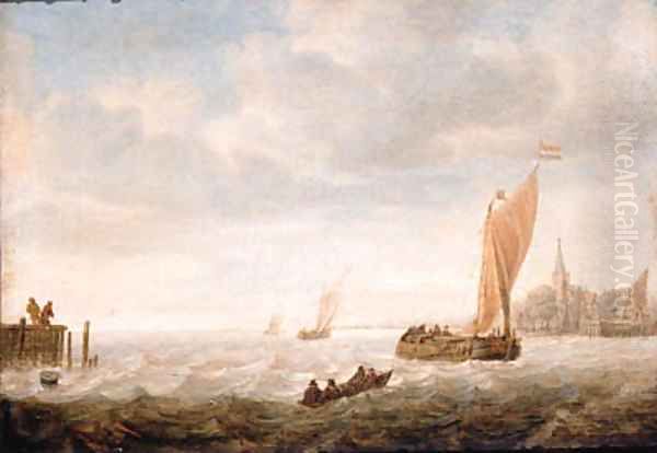 A wijdschip before the wind approaching a harbour Oil Painting by Hieronymus Van Diest