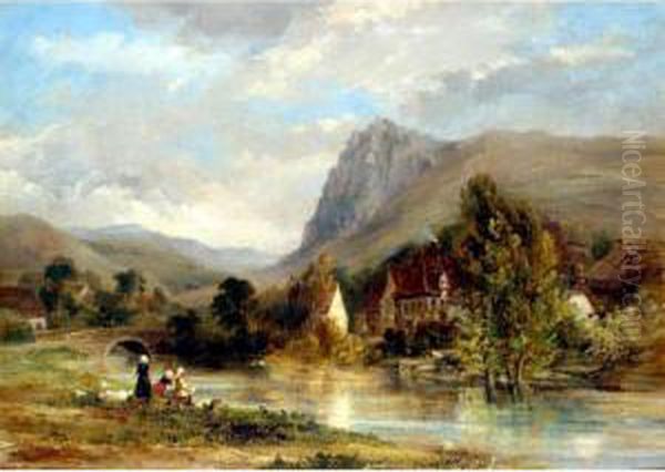 Washing On The River Oil Painting by Thomas Miles Richardson