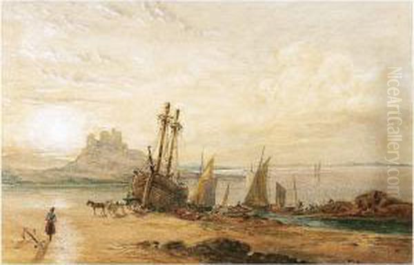 Unloading Boats On The Beach Near Holy Island Oil Painting by Thomas Miles Richardson