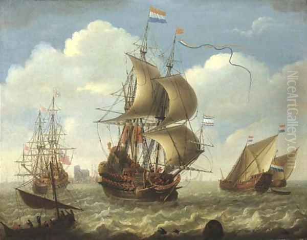 English and Dutch men-o'-war on the river Merwede, Dordrecht beyond Oil Painting by Hieronymus Van Diest