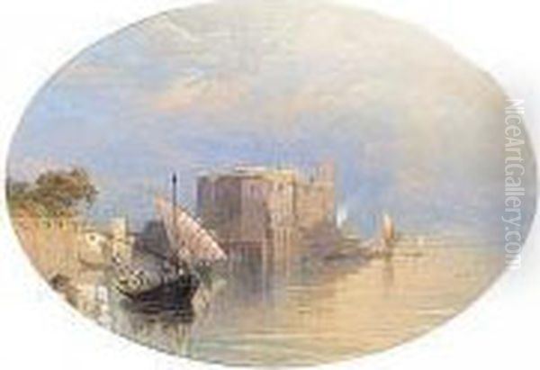 View Of Lake Maggiore With A Water Side Fortress Oil Painting by Thomas Miles Richardson