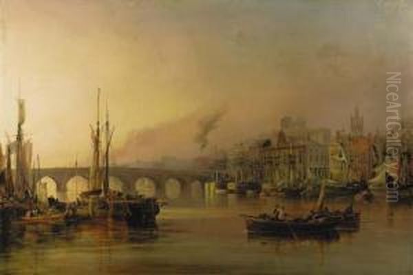 View Of Newcastle From The River Tyne, With Shipping In The Foreground Oil Painting by Thomas Miles Richardson