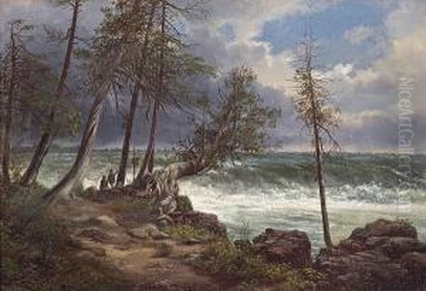 A Coastal Path And Stormy Sea Oil Painting by Ferdinand Reichardt