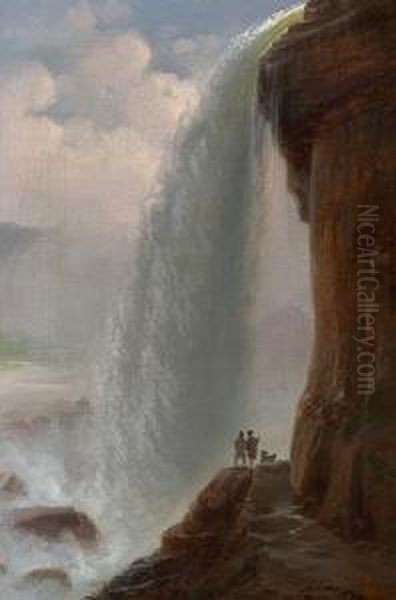 View Of Niagara Falls. In The Foreground Two Men With A Dog Oil Painting by Ferdinand Reichardt