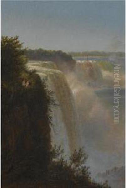 Ved Toppen Af Niagra Vandfaldet (figures At The Top Of Niagara Falls) Oil Painting by Ferdinand Reichardt