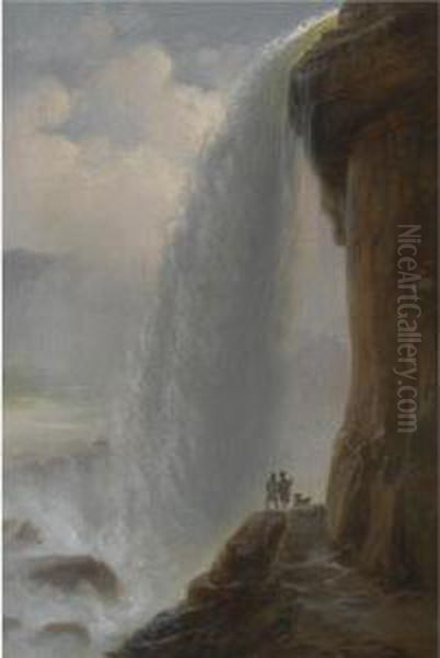 To Maend Med En Hund Ved Niagra Vandfaldet (two Men With A Dog By Niagara Falls) Oil Painting by Ferdinand Reichardt